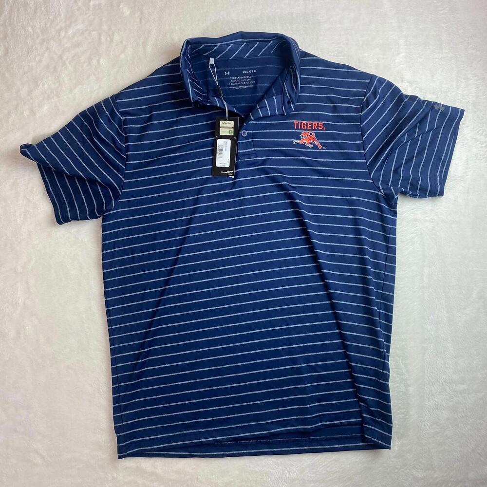 Under Armour Golf Shirt Polo‎ Navy Striped Tigers Large NWT